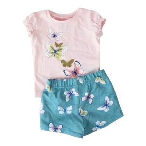 Butterfly Print Pink Top and Blue Shorts Set